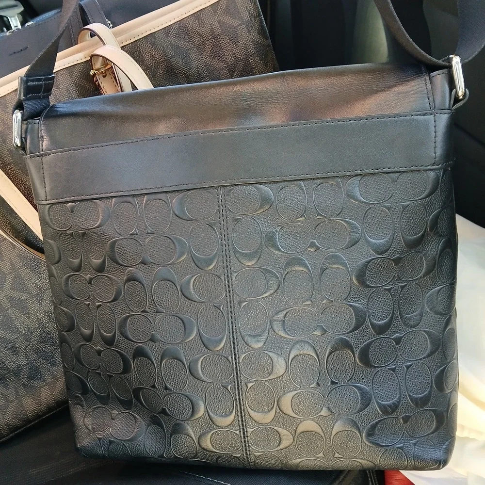 COACH 4006 Houston Map Bag Signature Leather Crossbody Shoulder Gunmetal/Black